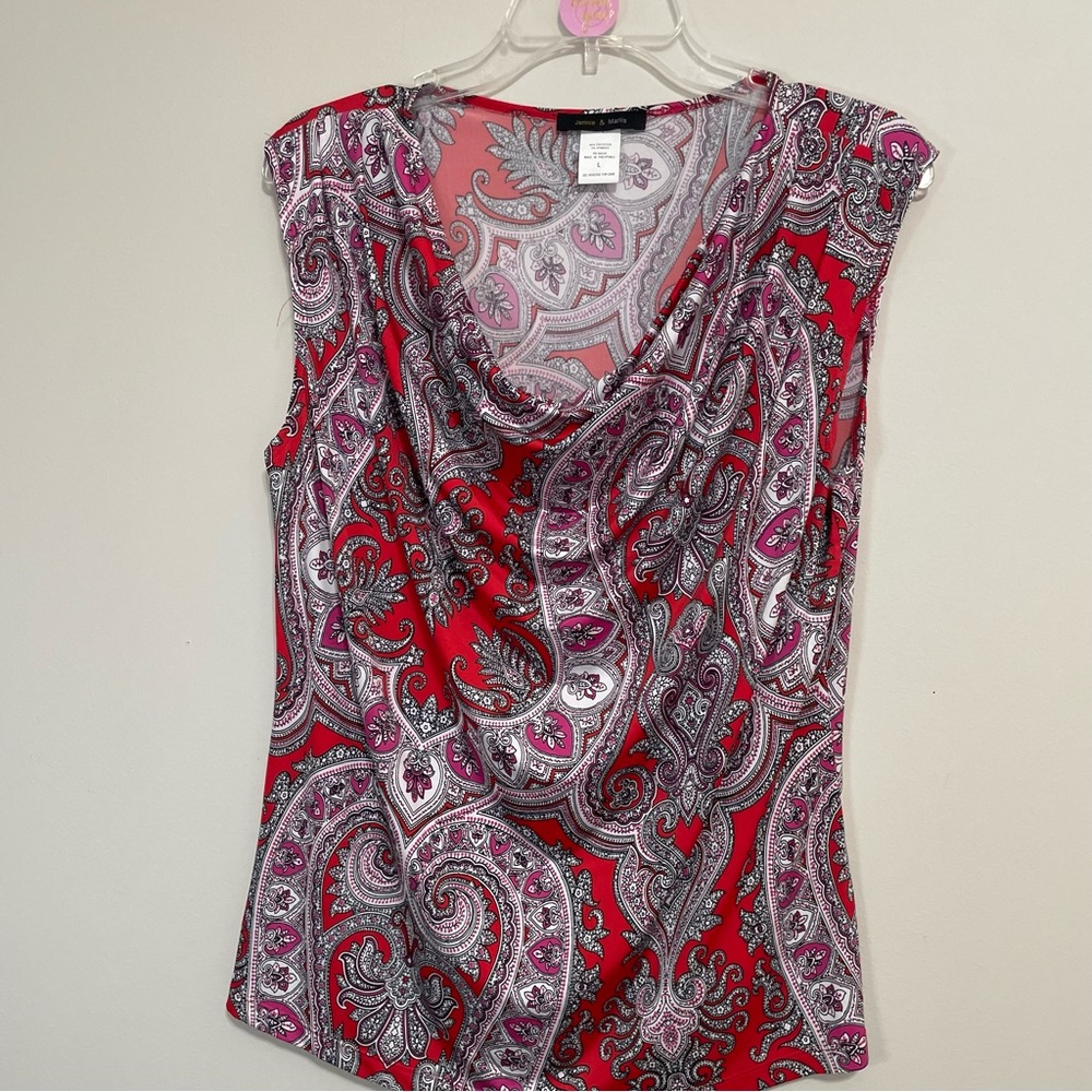 Jennie & Marlis Red Paisley‎ Cowl Neck Blouse~ Size Large ~ Professional